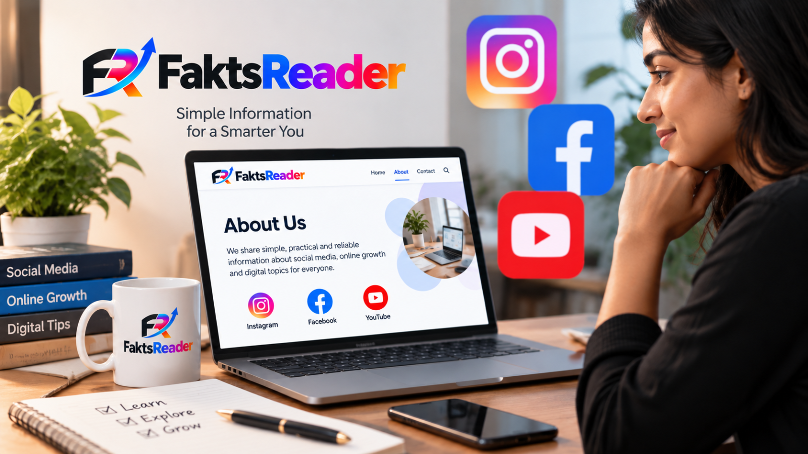 FactsReader About Us page featured image showing social media, Instagram, Facebook, YouTube, and digital information branding