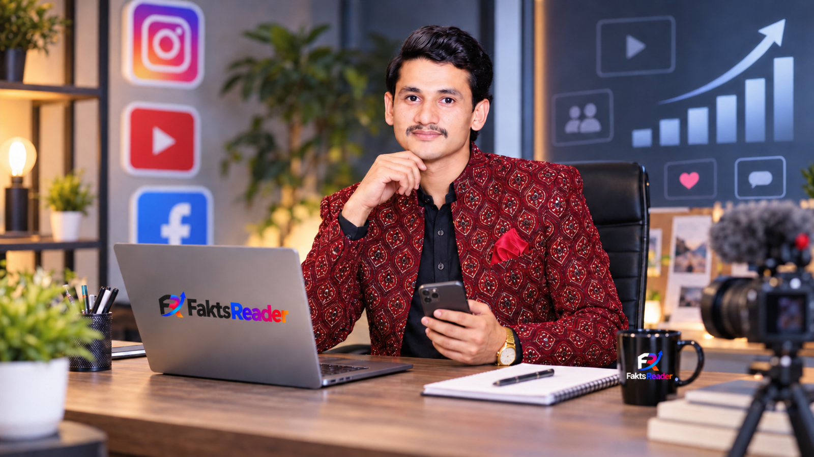 Factsreader Com social media creator workspace featuring a digital content creator using laptop and smartphone with branded setup for Instagram, YouTube, and Facebook growth guides