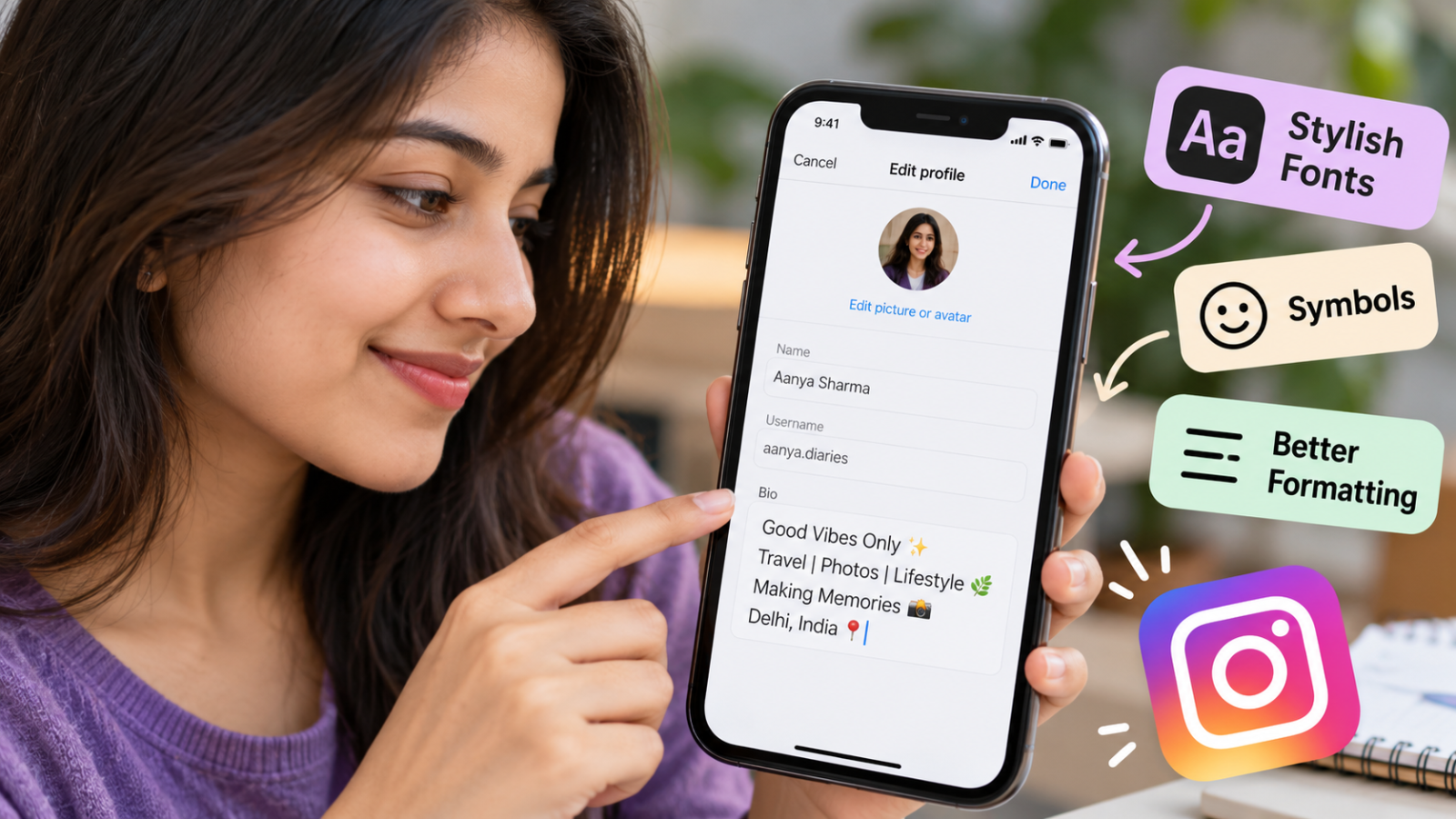 Woman editing an Instagram bio with stylish fonts, symbols, and clean formatting on a smartphone.